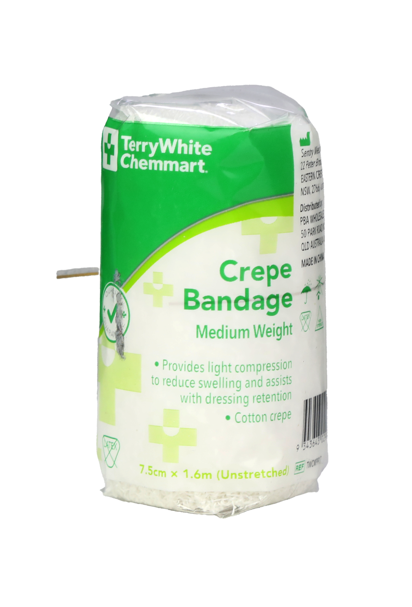 TerryWhite Chemmart Crepe Bandage Medium Weight 7.5cm X 1.6M - 1 roll