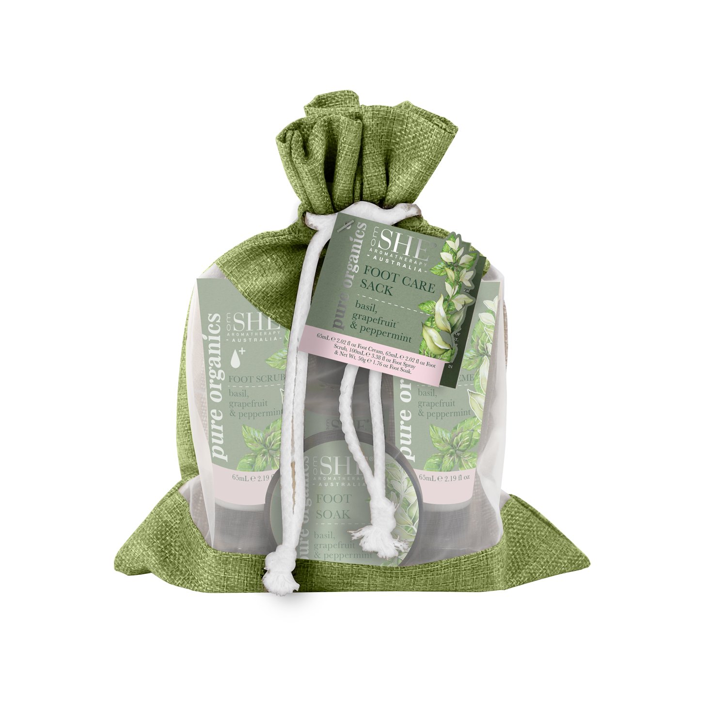She Aromatherapy Pure Organics Foot Care Sack Basil, Grapefruit & Peppermint 4 piece