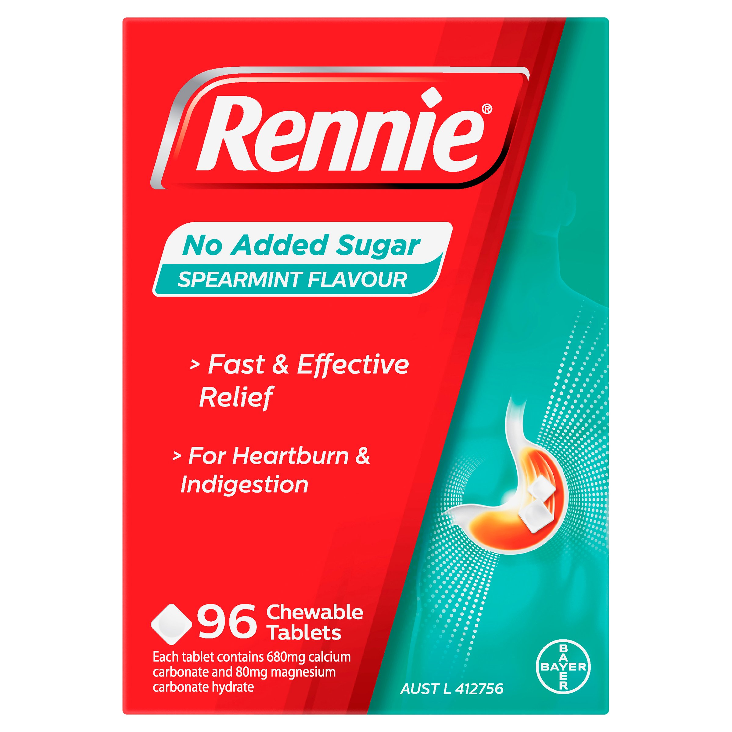 Rennie No Added Sugar Spearmint 96 chewable tablets - Image 1