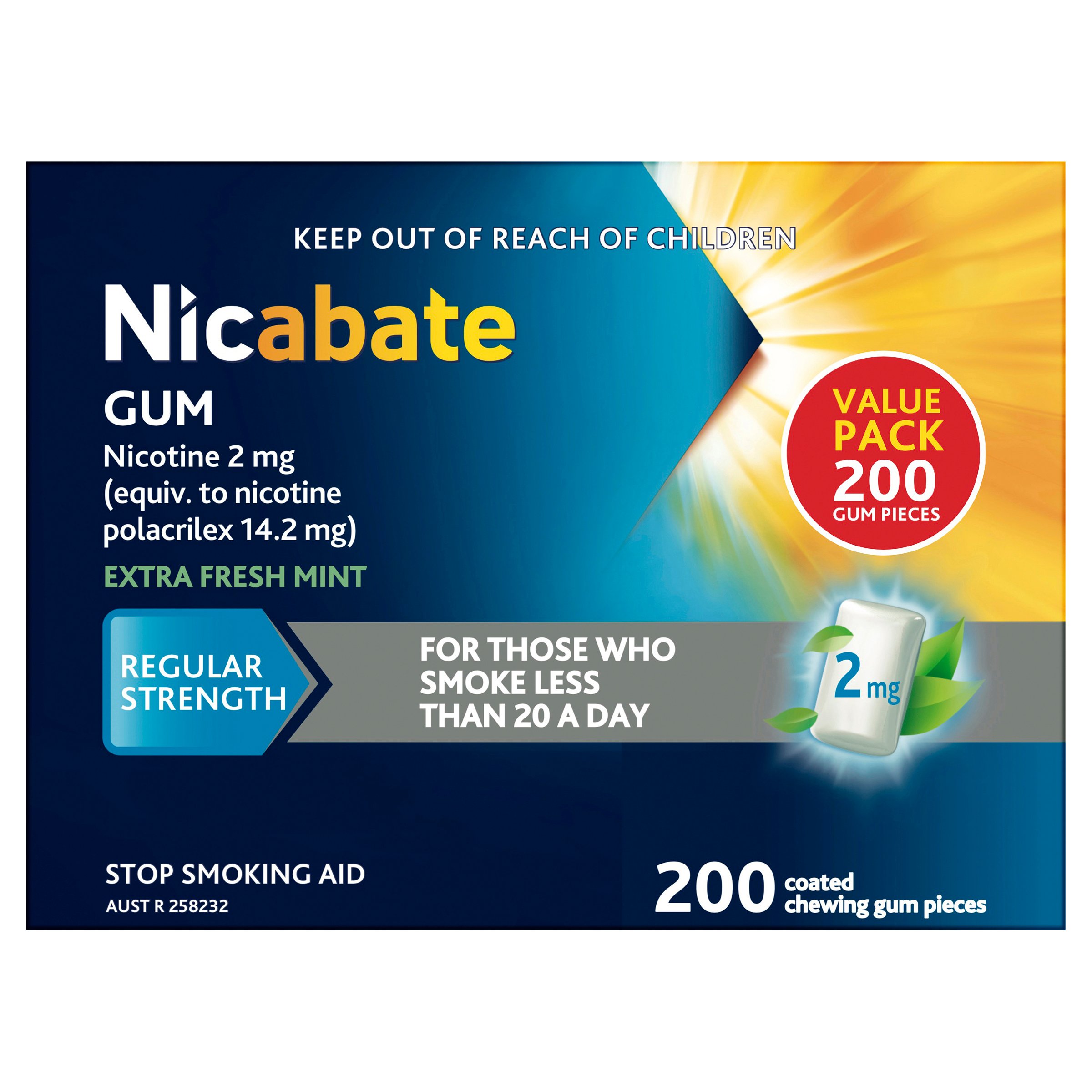 Nicabate Gum Regular Strength Extra Fresh Mint 2mg - 200 pieces - Image 1