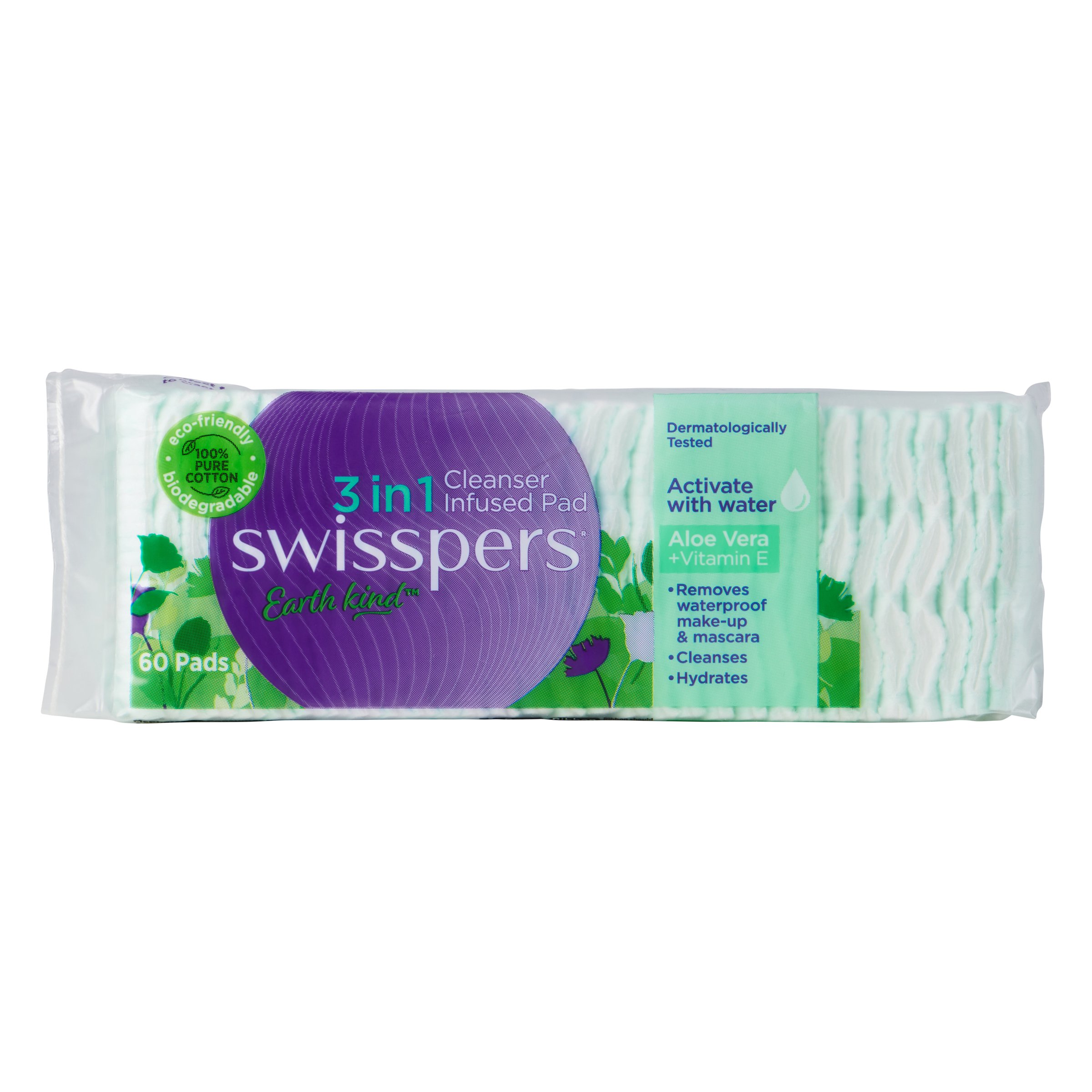 Swisspers Earth Kind 3 In 1 Cleanser Infused Pads Aloe Vera 60 pack - Image 1