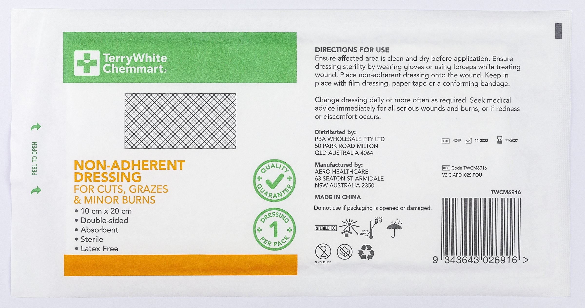 TerryWhite Chemmart Non Adherent Wound Dressing 10X20cm - 1 pack - Image 1