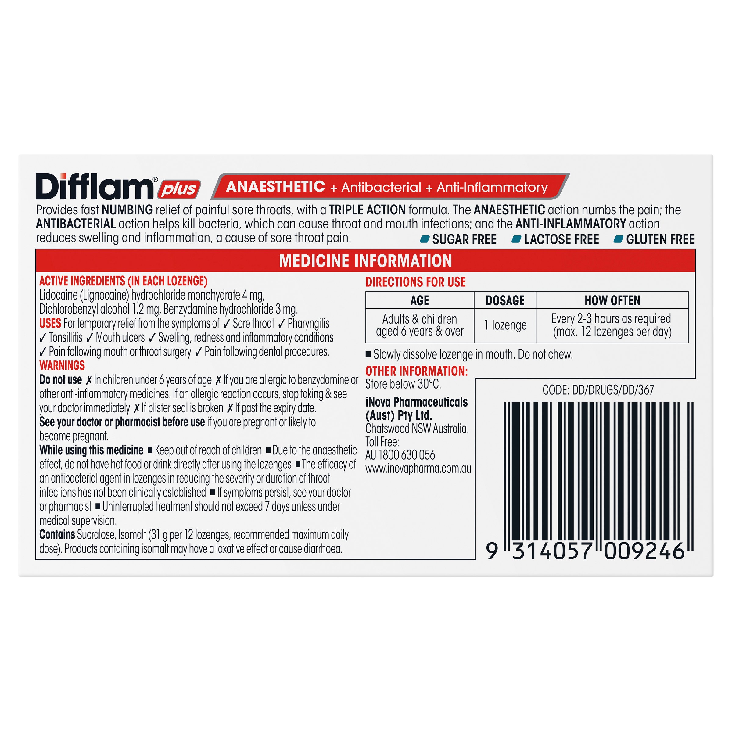 Difflam Plus Anaesthetic Triple Action Menthol & Eucalyptus 16 lozenges - Image 2