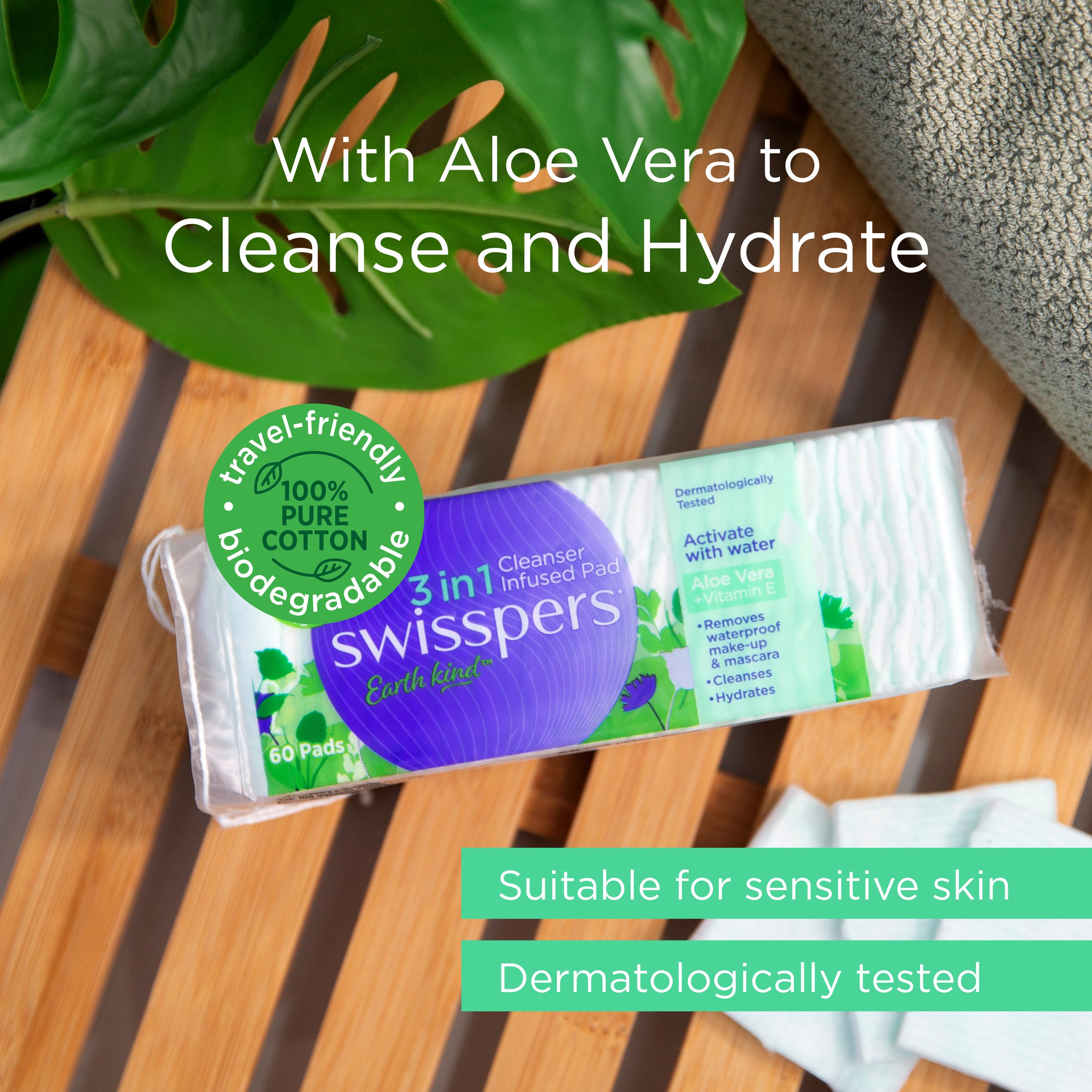 Swisspers Earth Kind 3 In 1 Cleanser Infused Pads Aloe Vera 60 pack - Image 6