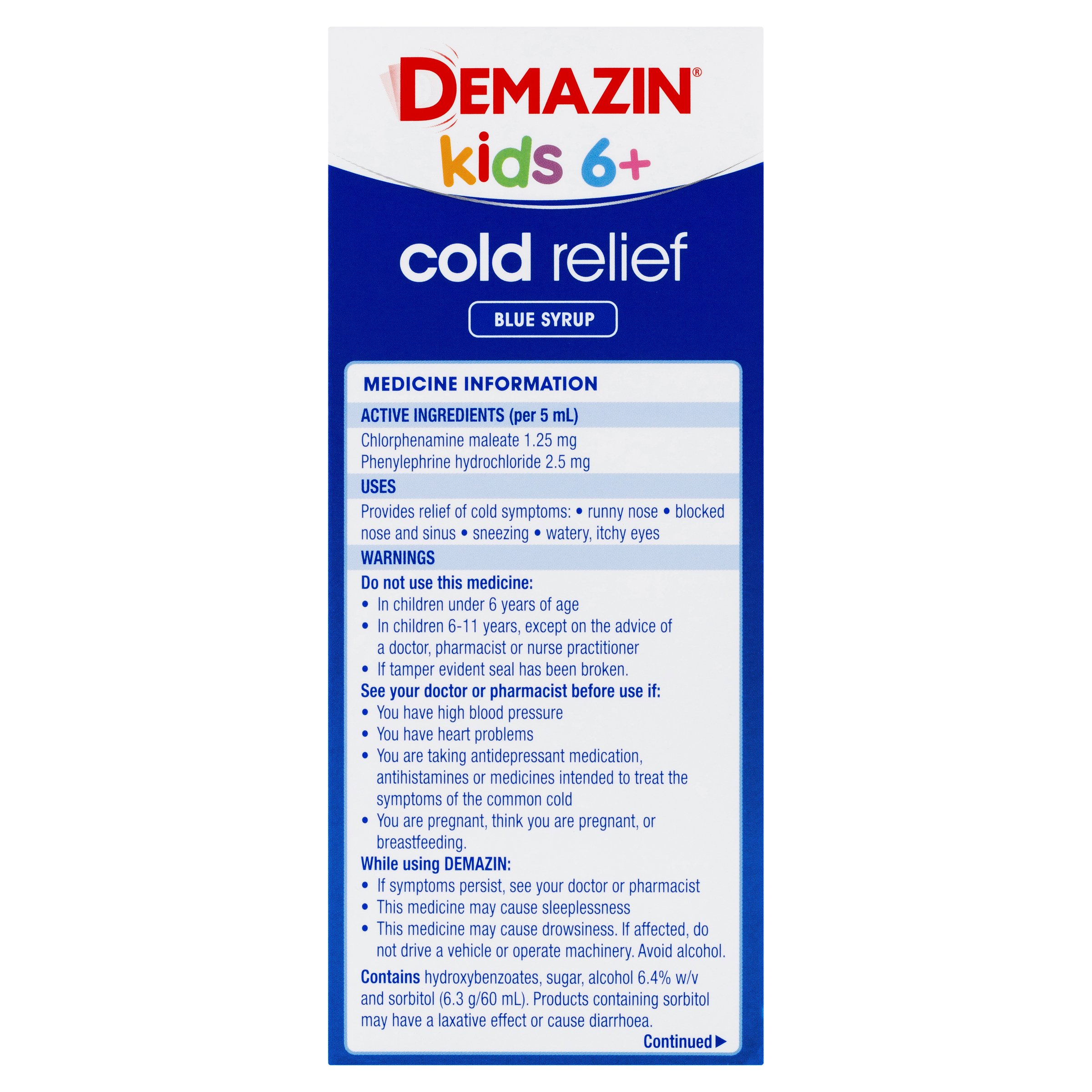 Demazin Cold Relief Blue Syrup 6 Years - Adult 200ml - Image 2