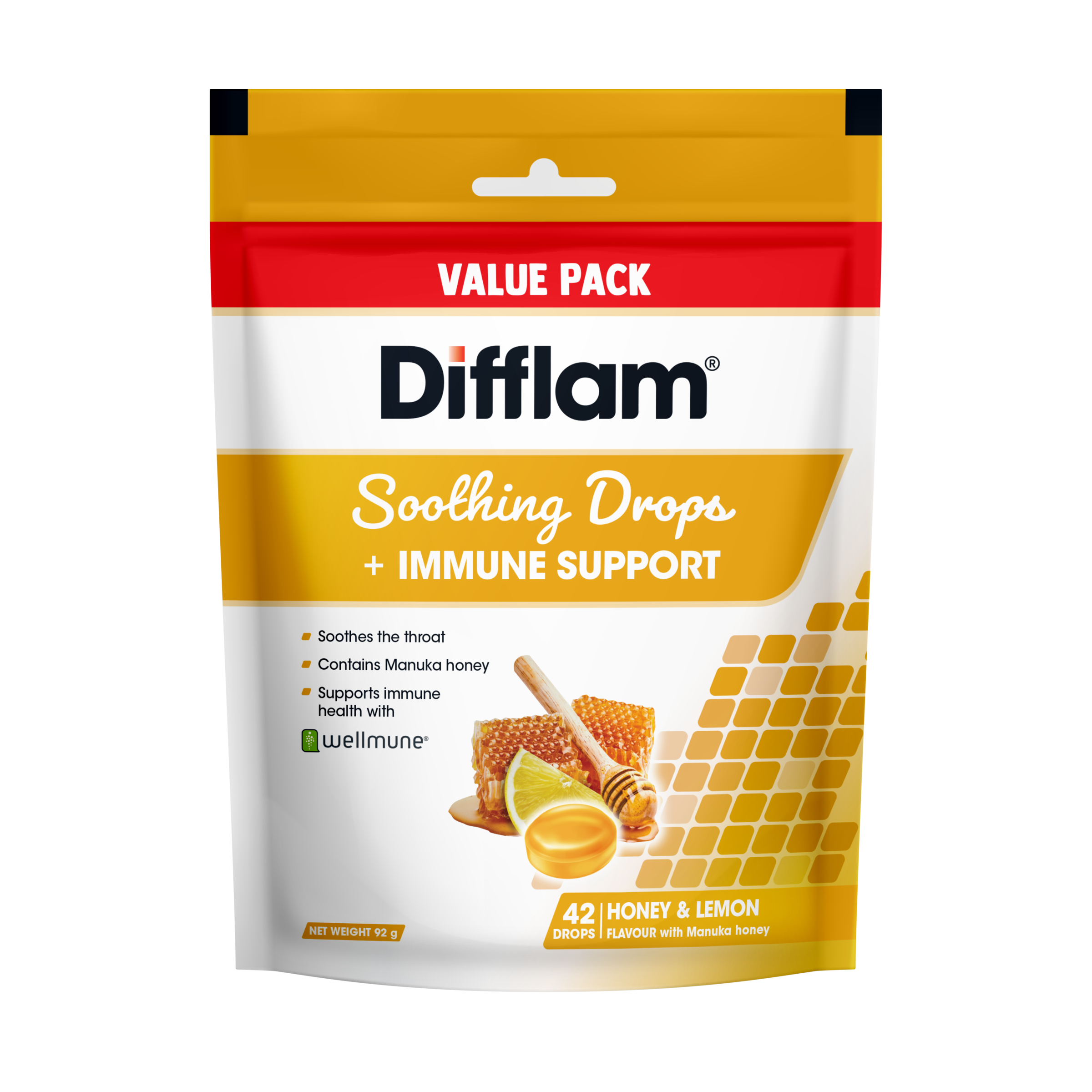 Difflam Soothing Drops + Immune Support Honey & Lemon 42 lozenges - Image 1
